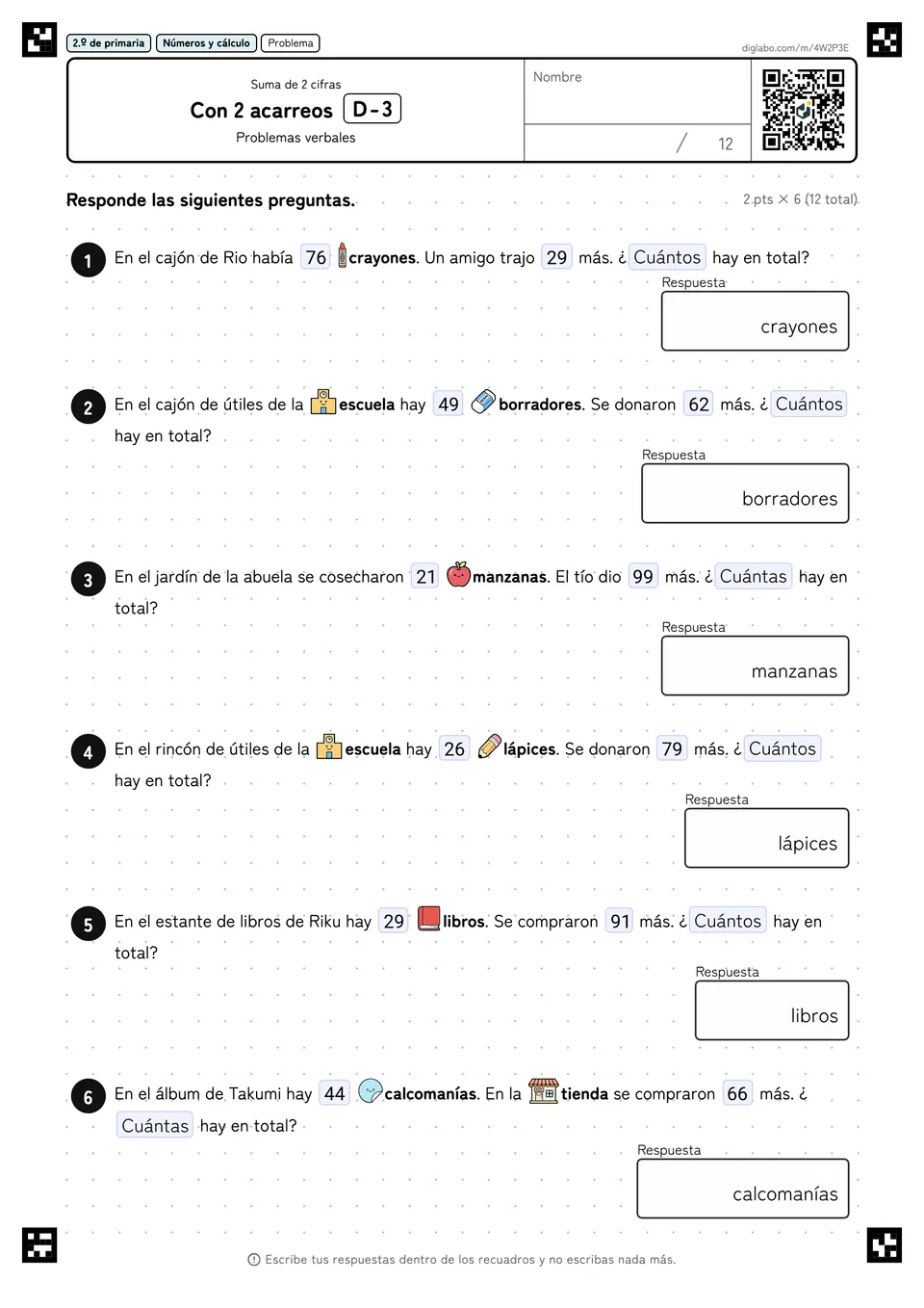 2.º de primaria Suma de 2 cifras Con 2 acarreos