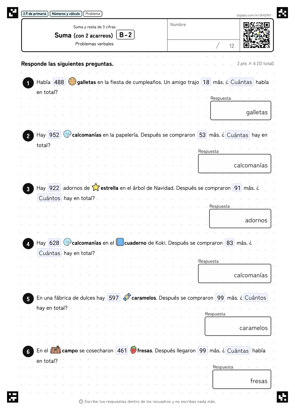 2.º de primaria Suma y resta de 3 cifras Suma (con 2 acarreos)