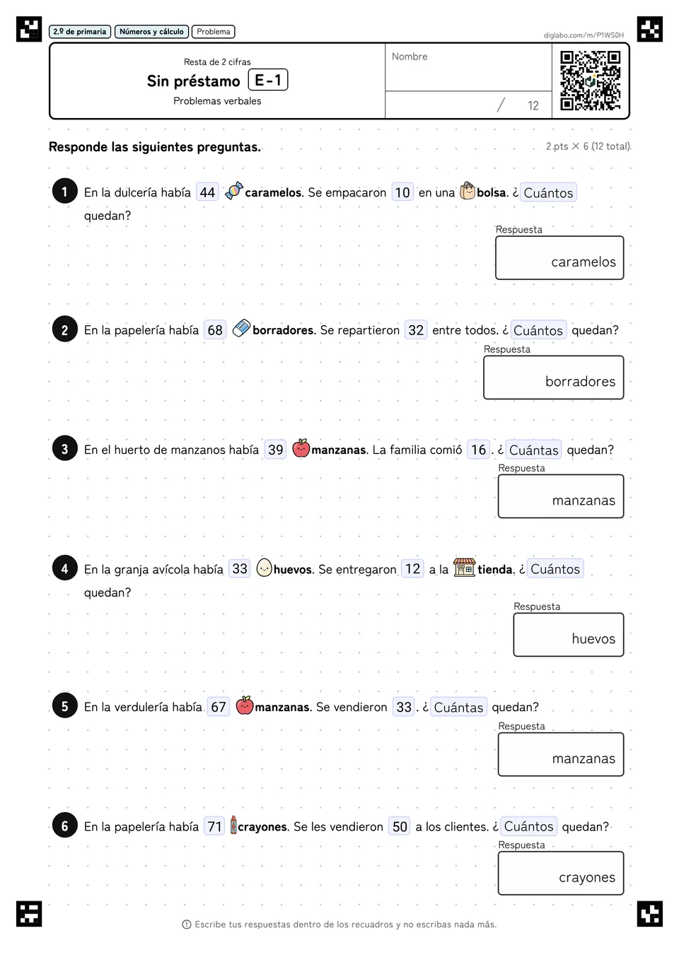 2.º de primaria Resta de 2 cifras Sin préstamo