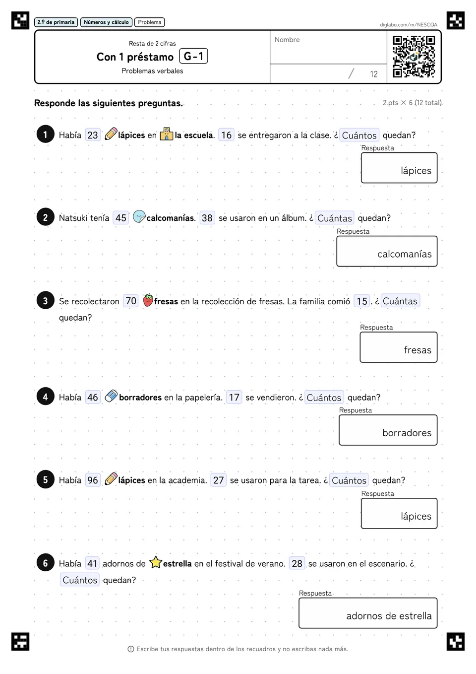 2.º de primaria Resta de 2 cifras Con 1 préstamo