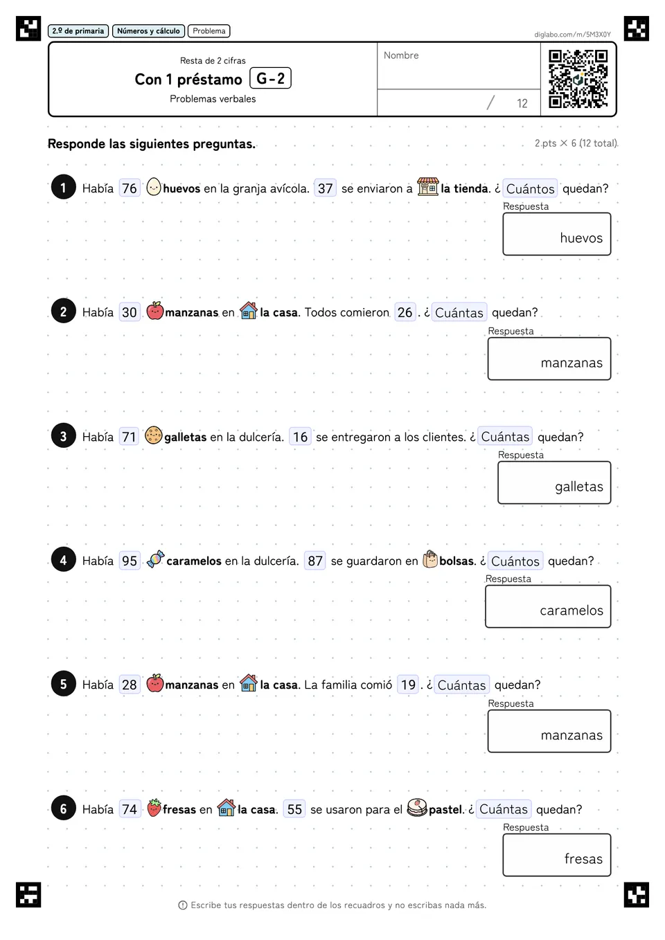 2.º de primaria Resta de 2 cifras Con 1 préstamo