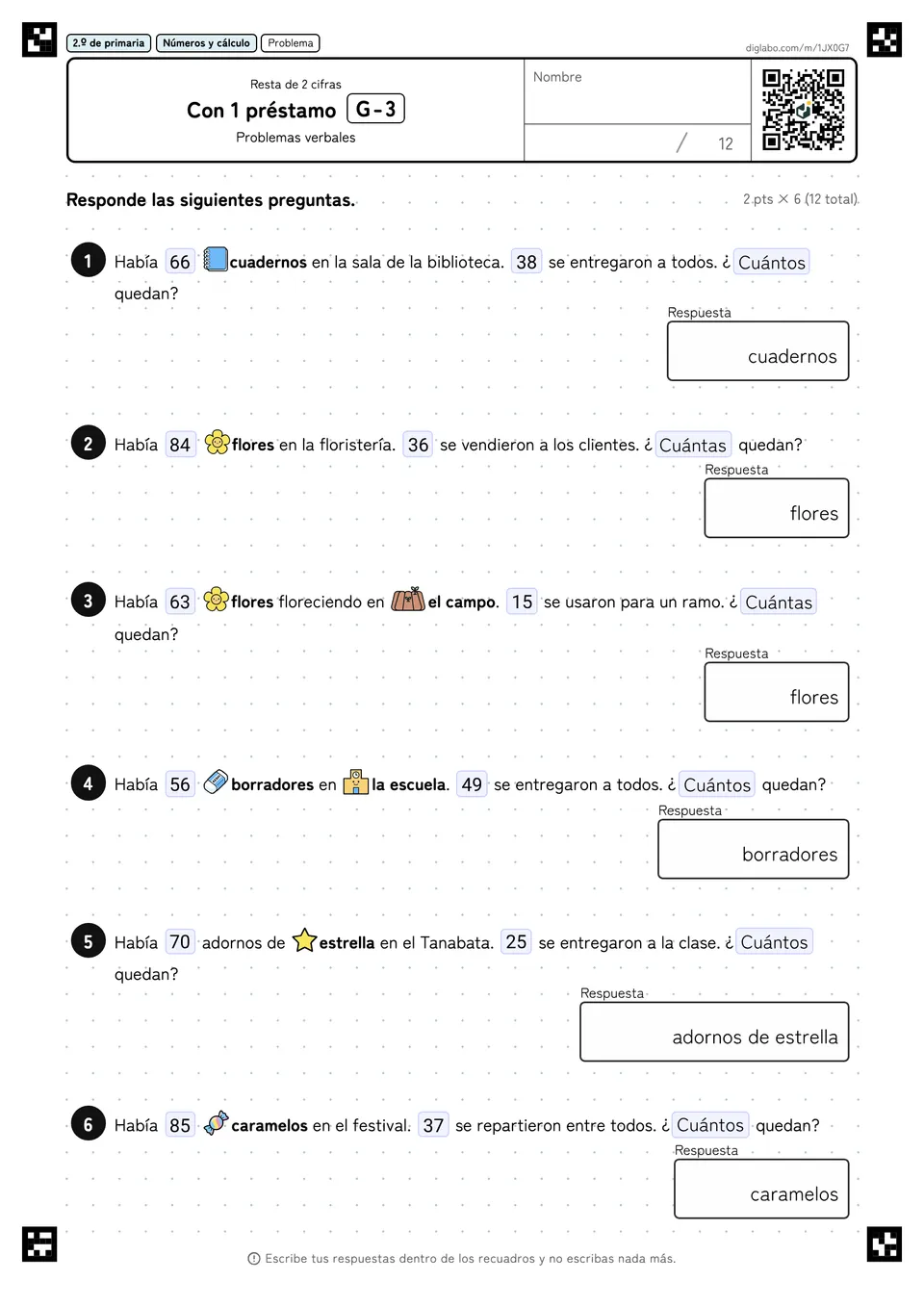 2.º de primaria Resta de 2 cifras Con 1 préstamo