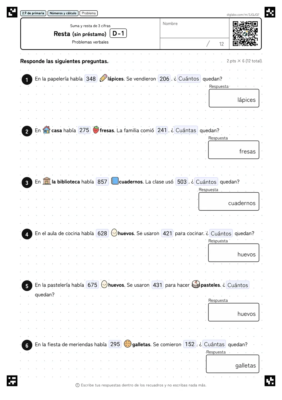 2.º de primaria Suma y resta de 3 cifras Resta (sin préstamo)