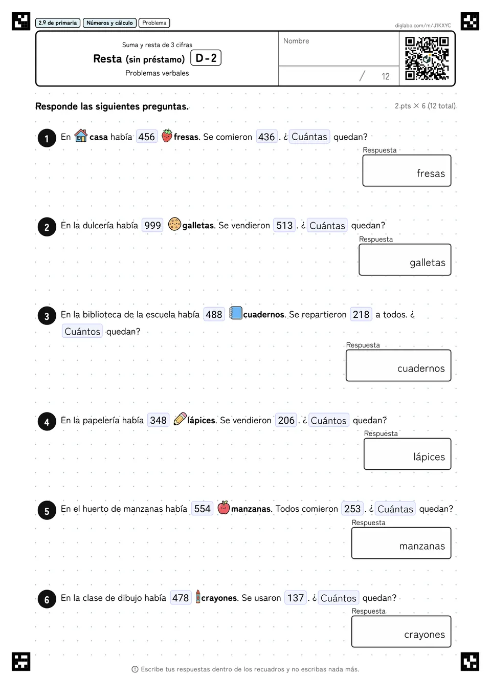 2.º de primaria Suma y resta de 3 cifras Resta (sin préstamo)