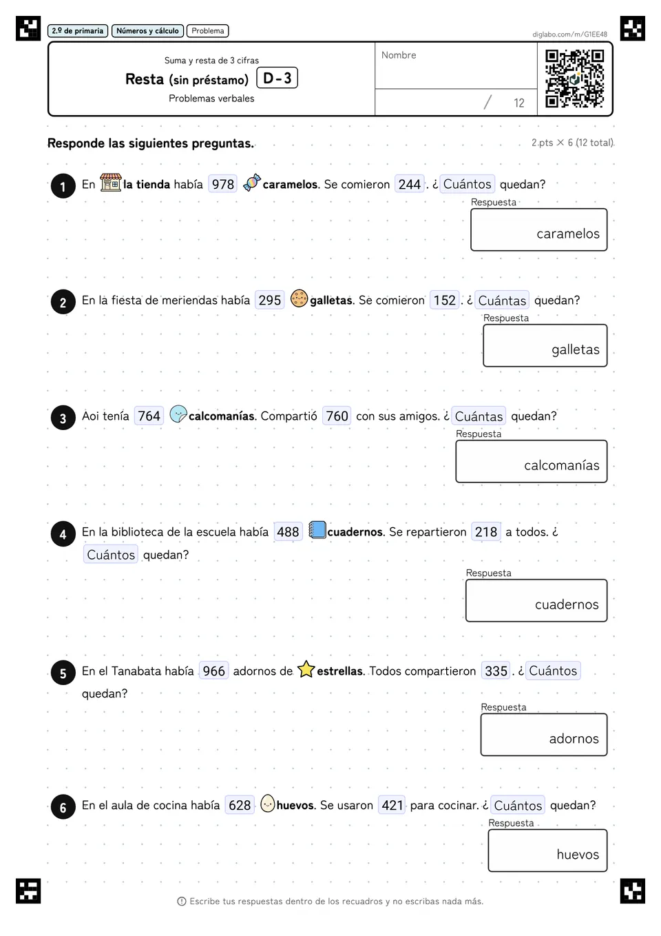 2.º de primaria Suma y resta de 3 cifras Resta (sin préstamo)