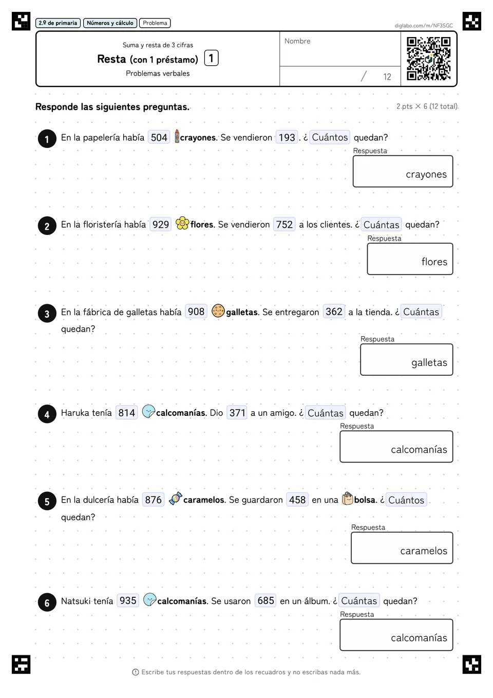 2.º de primaria Suma y resta de 3 cifras Resta (con 1 préstamo)