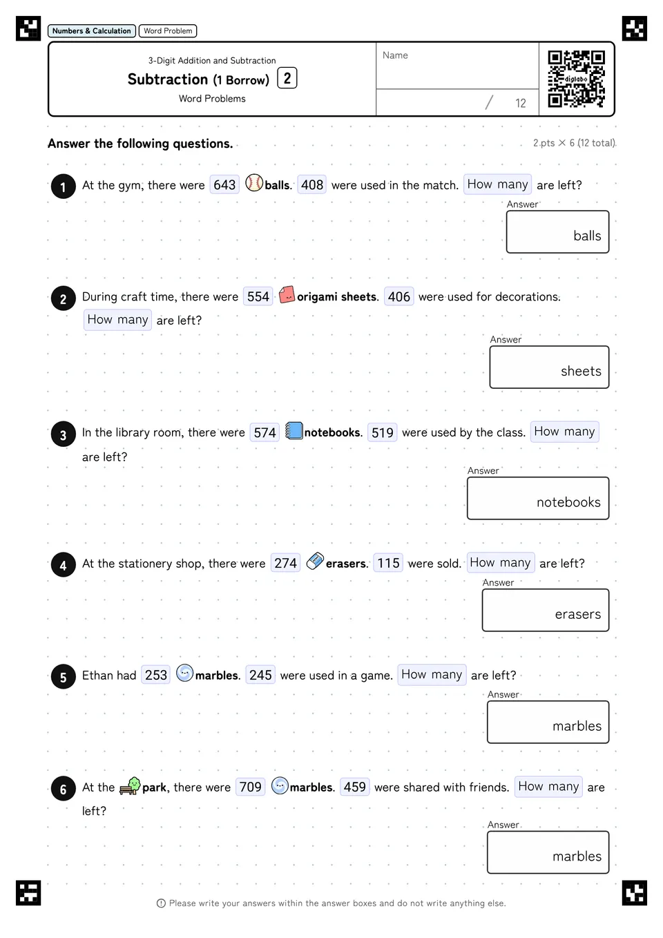 Subtraction (1 Borrow) 2