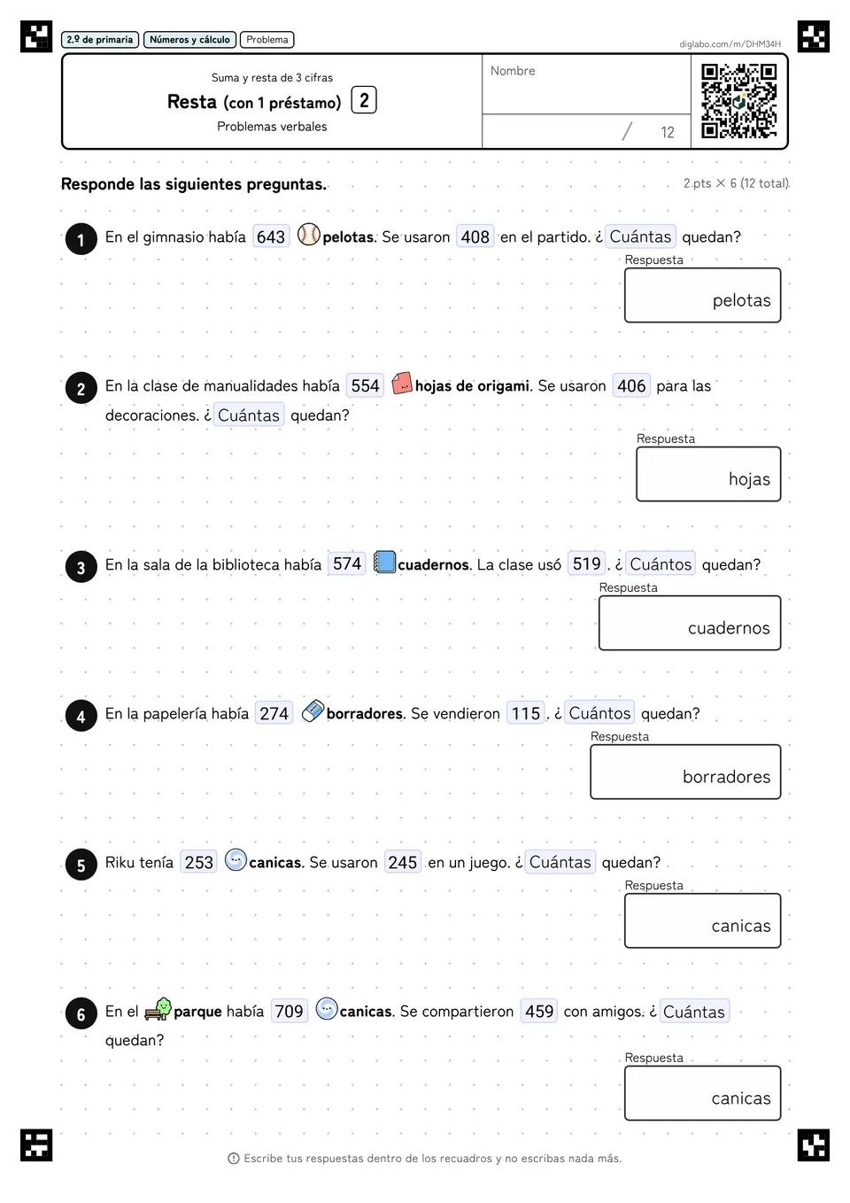 2.º de primaria Suma y resta de 3 cifras Resta (con 1 préstamo)