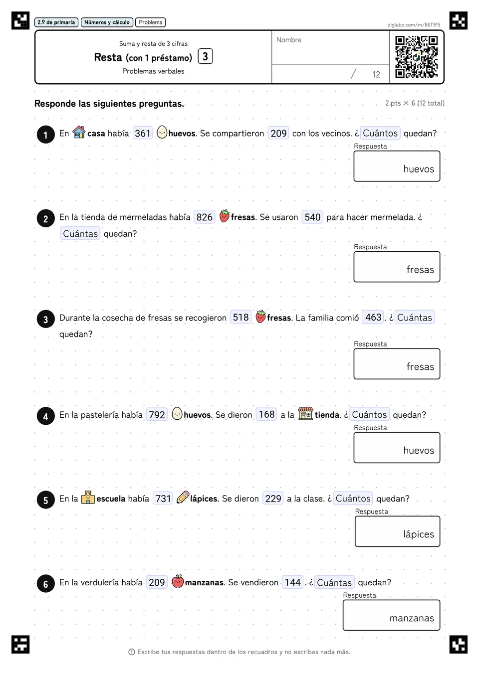 2.º de primaria Suma y resta de 3 cifras Resta (con 1 préstamo)
