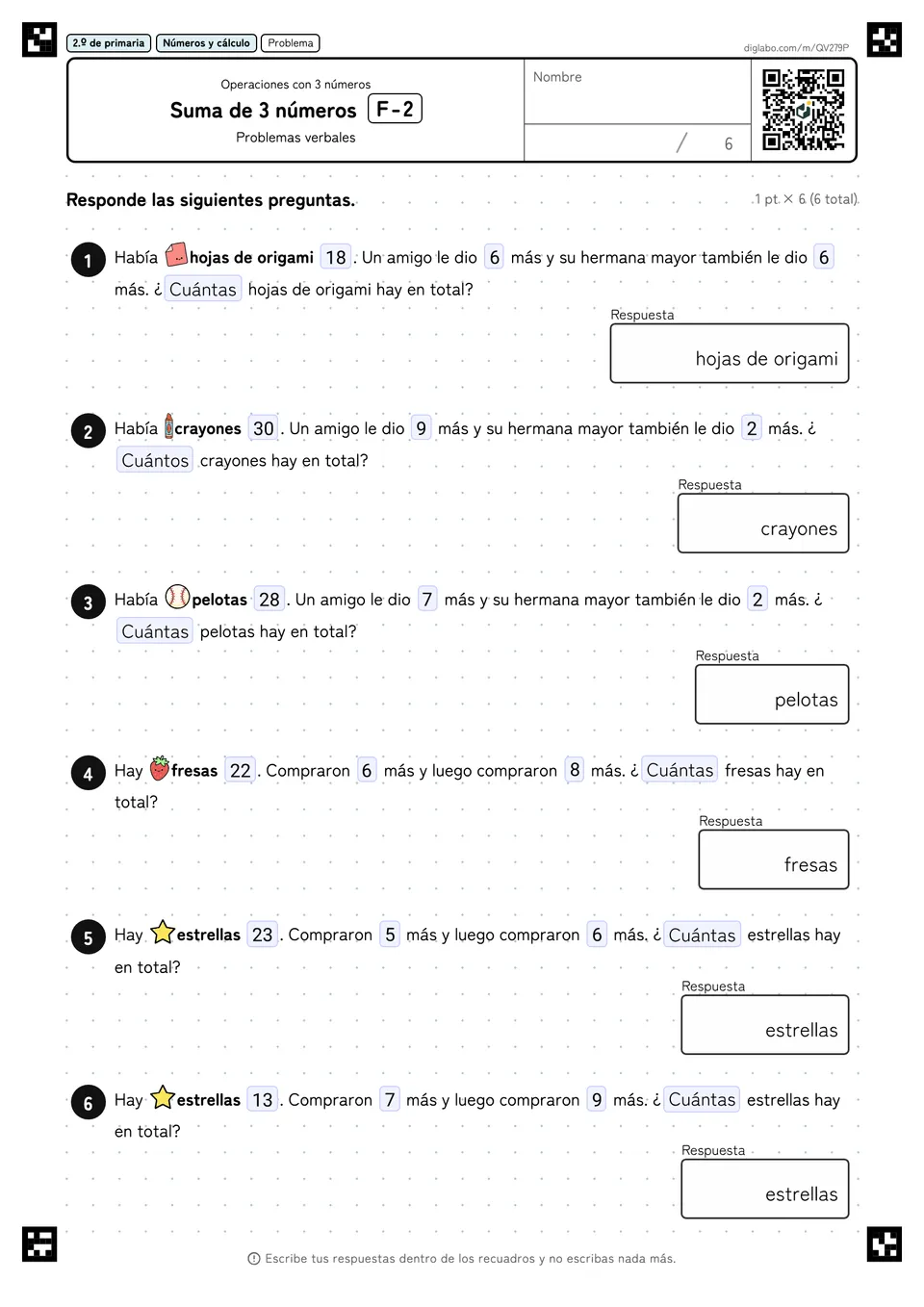 2.º de primaria Operaciones con 3 números Suma de 3 números