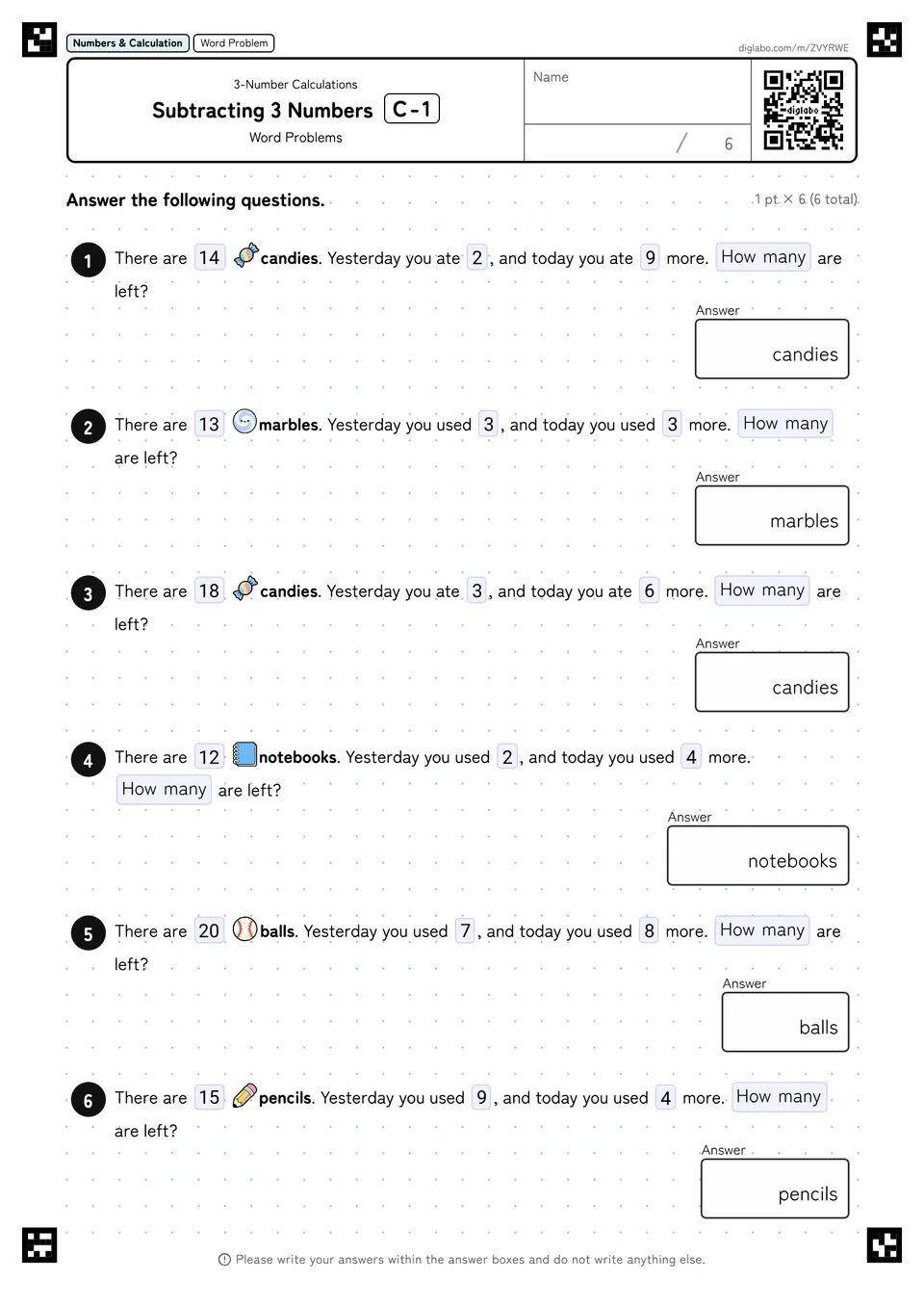 Subtracting 3 Numbers C-1