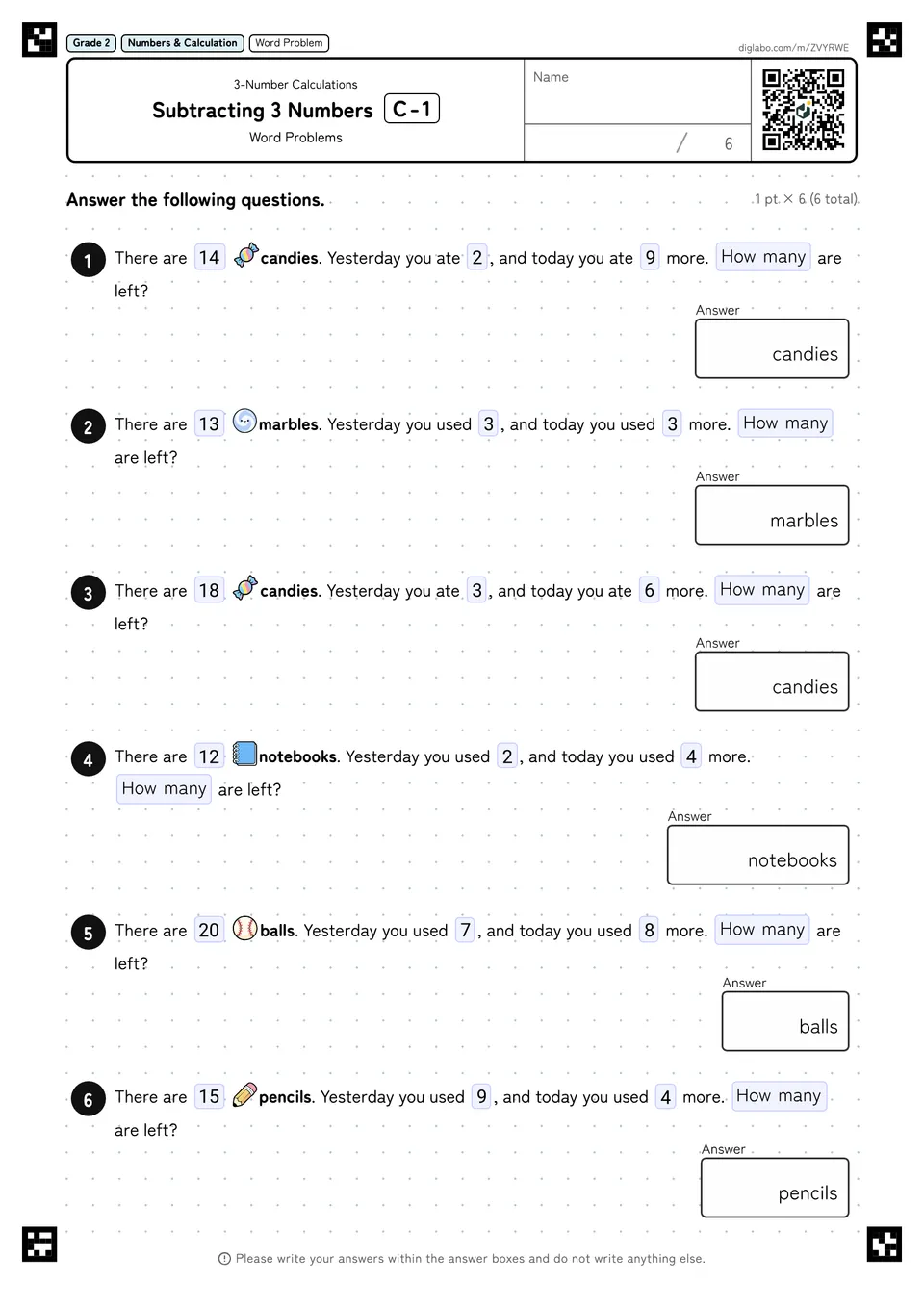 Grade 2 (Elementary School) 3-Number Calculations Subtracting 3 Numbers