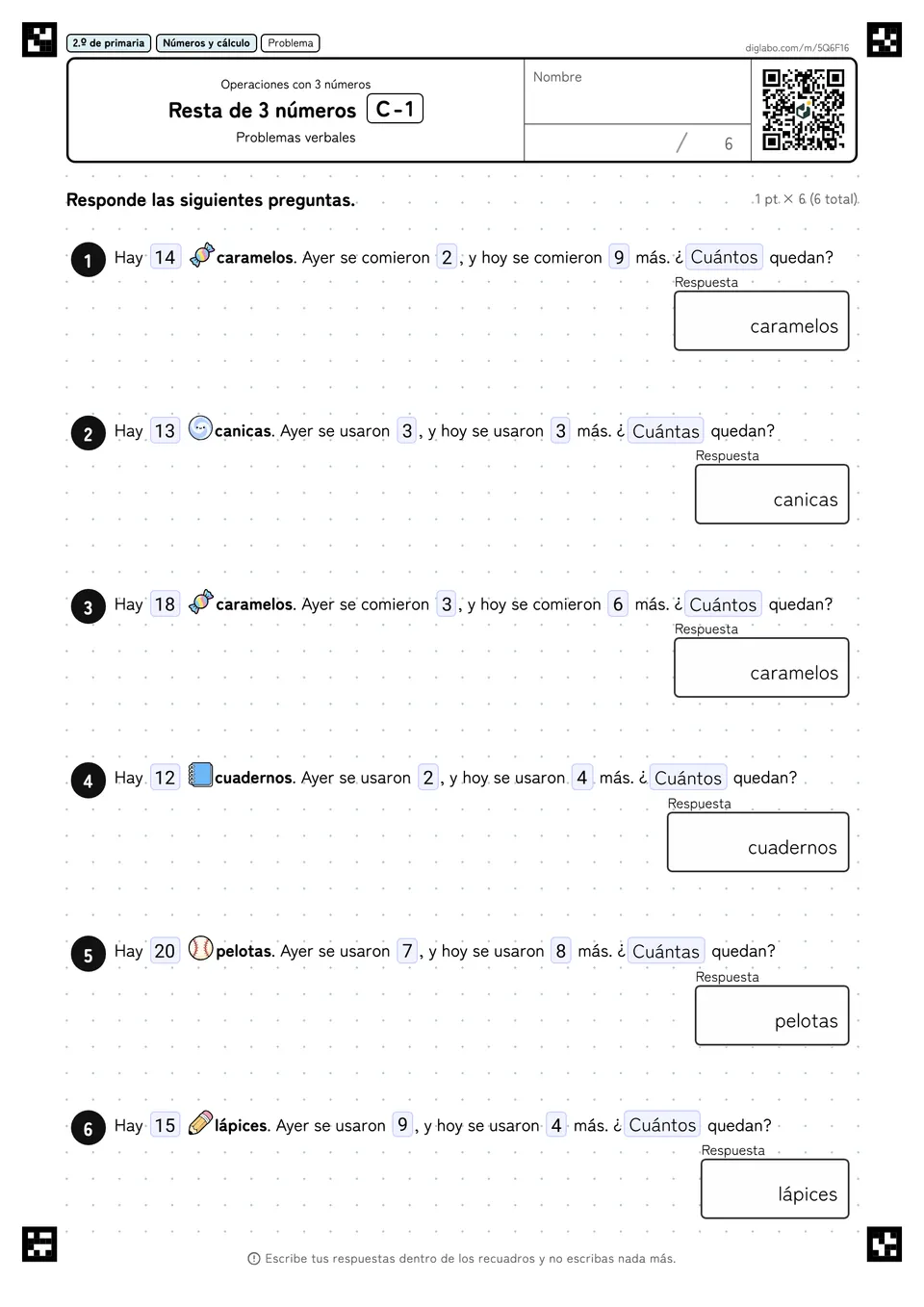 2.º de primaria Operaciones con 3 números Resta de 3 números