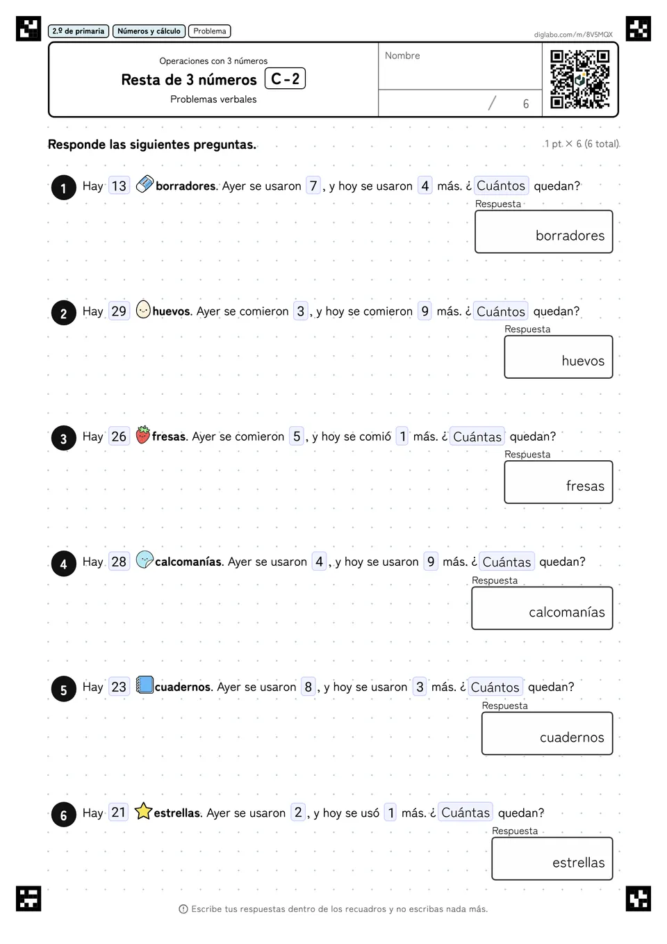 2.º de primaria Operaciones con 3 números Resta de 3 números