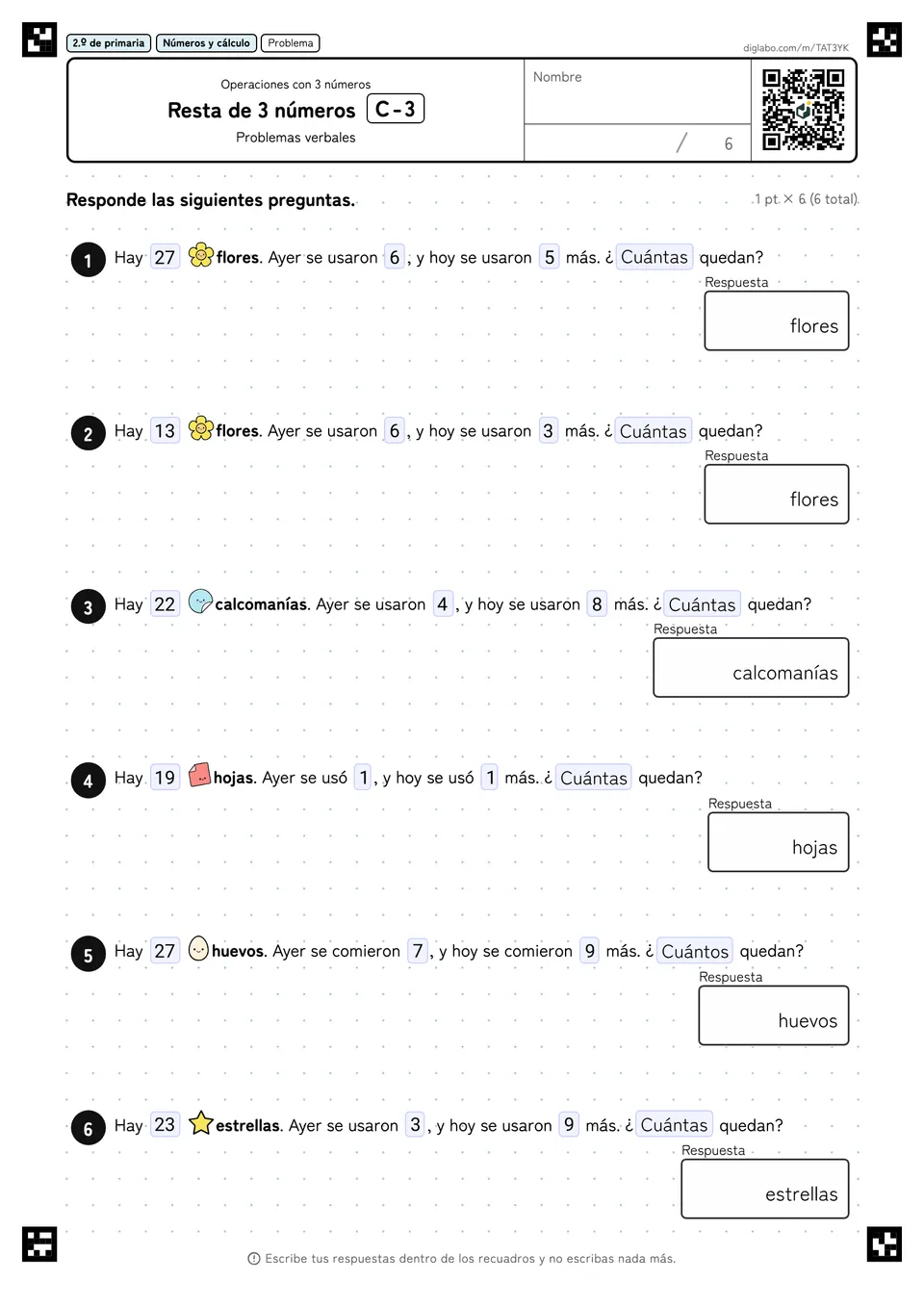 2.º de primaria Operaciones con 3 números Resta de 3 números