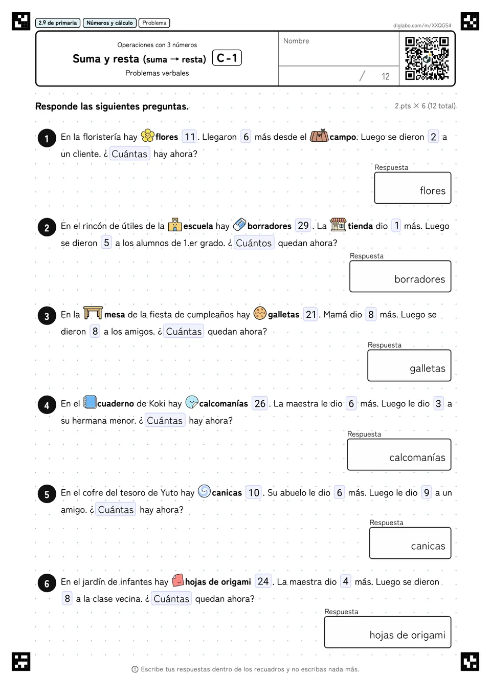 2.º de primaria Operaciones con 3 números Suma y resta (suma → resta)