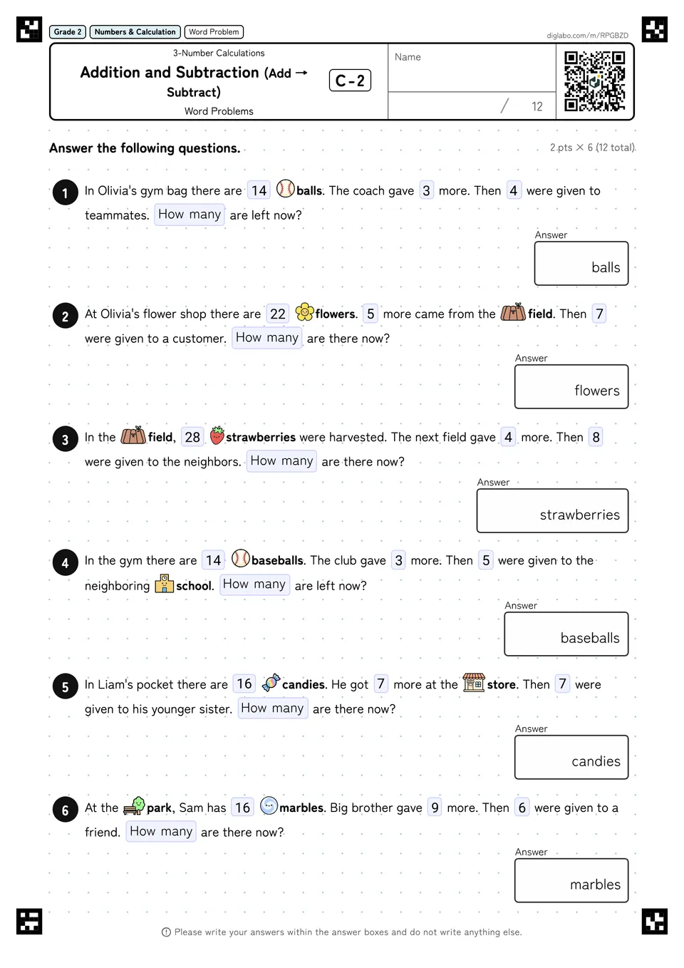 Grade 2 (Elementary School) 3-Number Calculations Addition and Subtraction (Add → Subtract)
