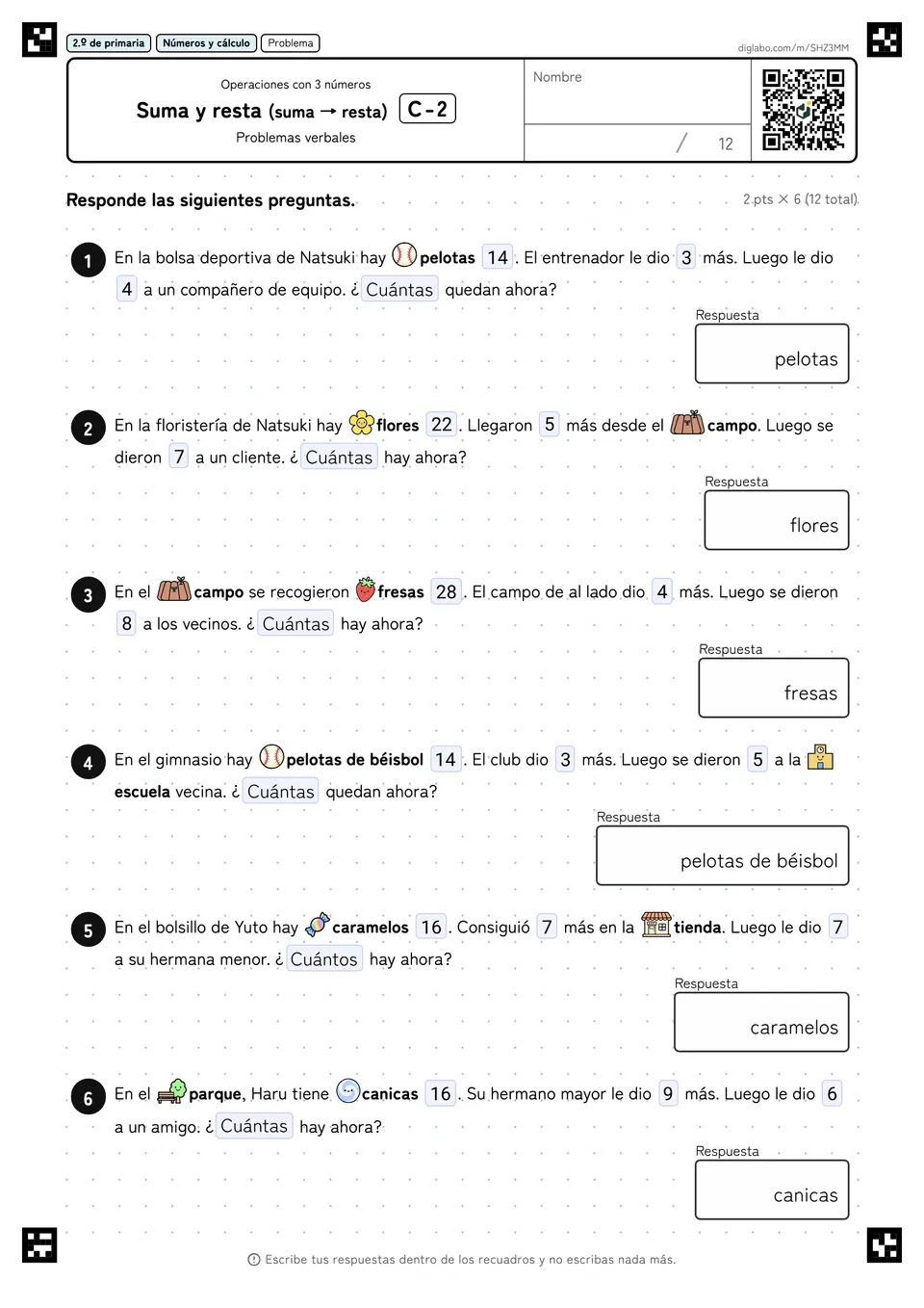 2.º de primaria Operaciones con 3 números Suma y resta (suma → resta)