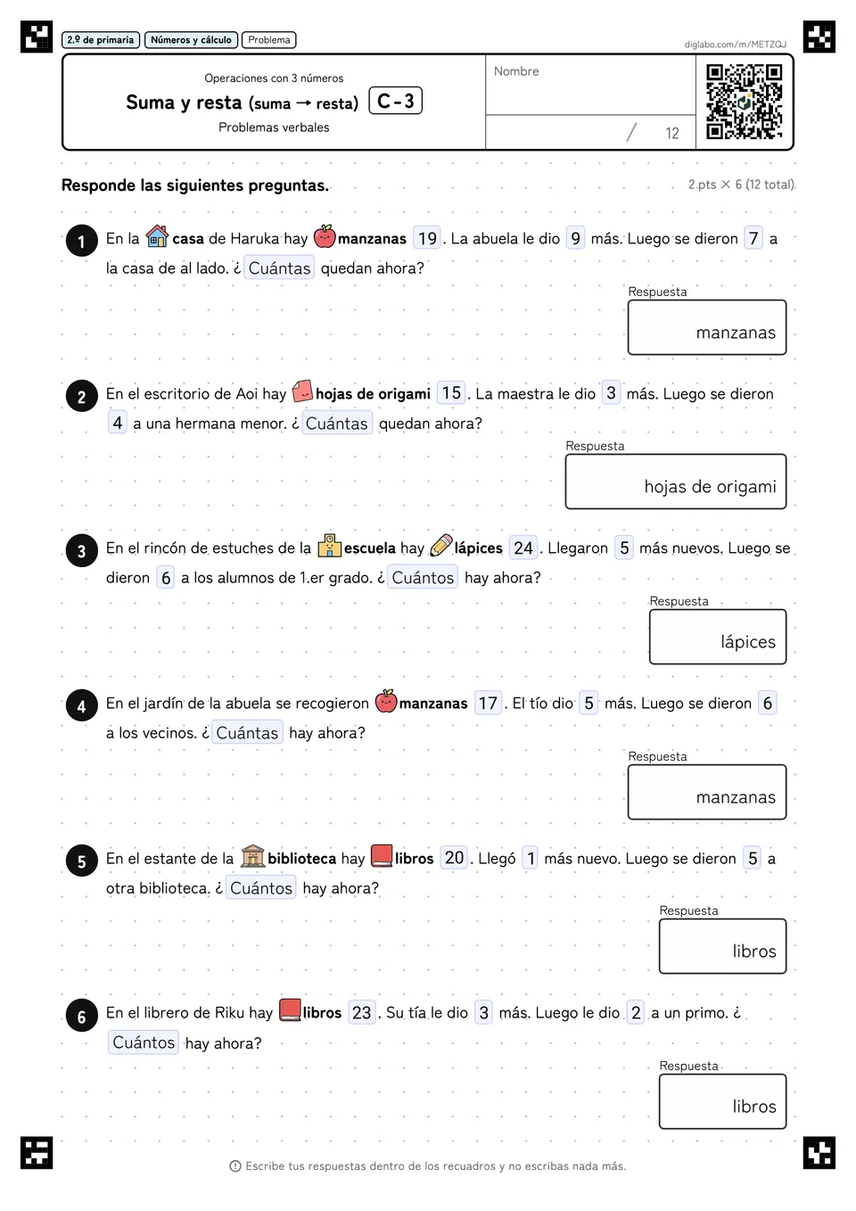2.º de primaria Operaciones con 3 números Suma y resta (suma → resta)