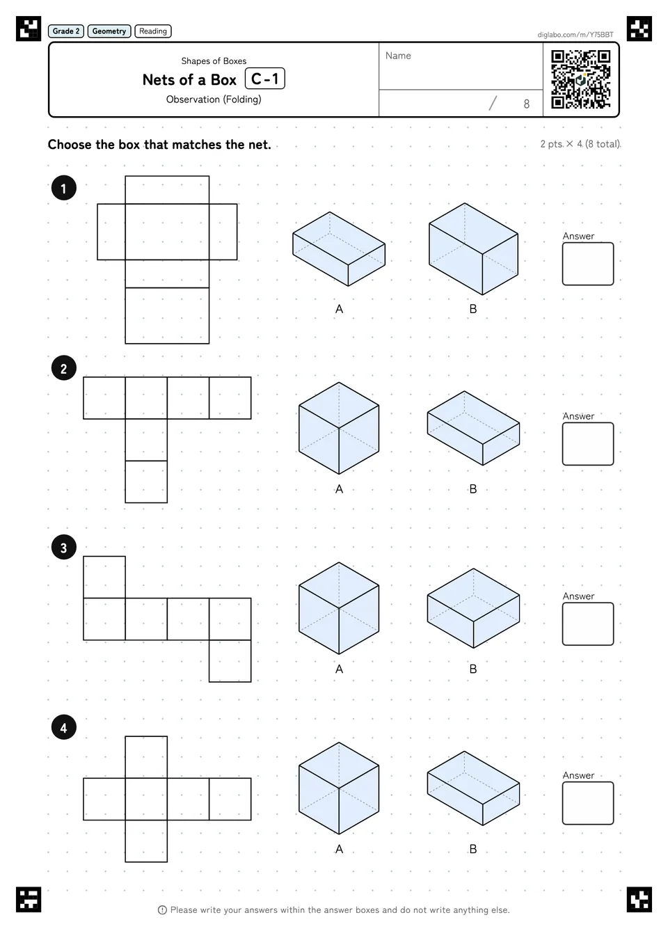 Grade 2 (Elementary School) Shapes of Boxes Nets of a Box