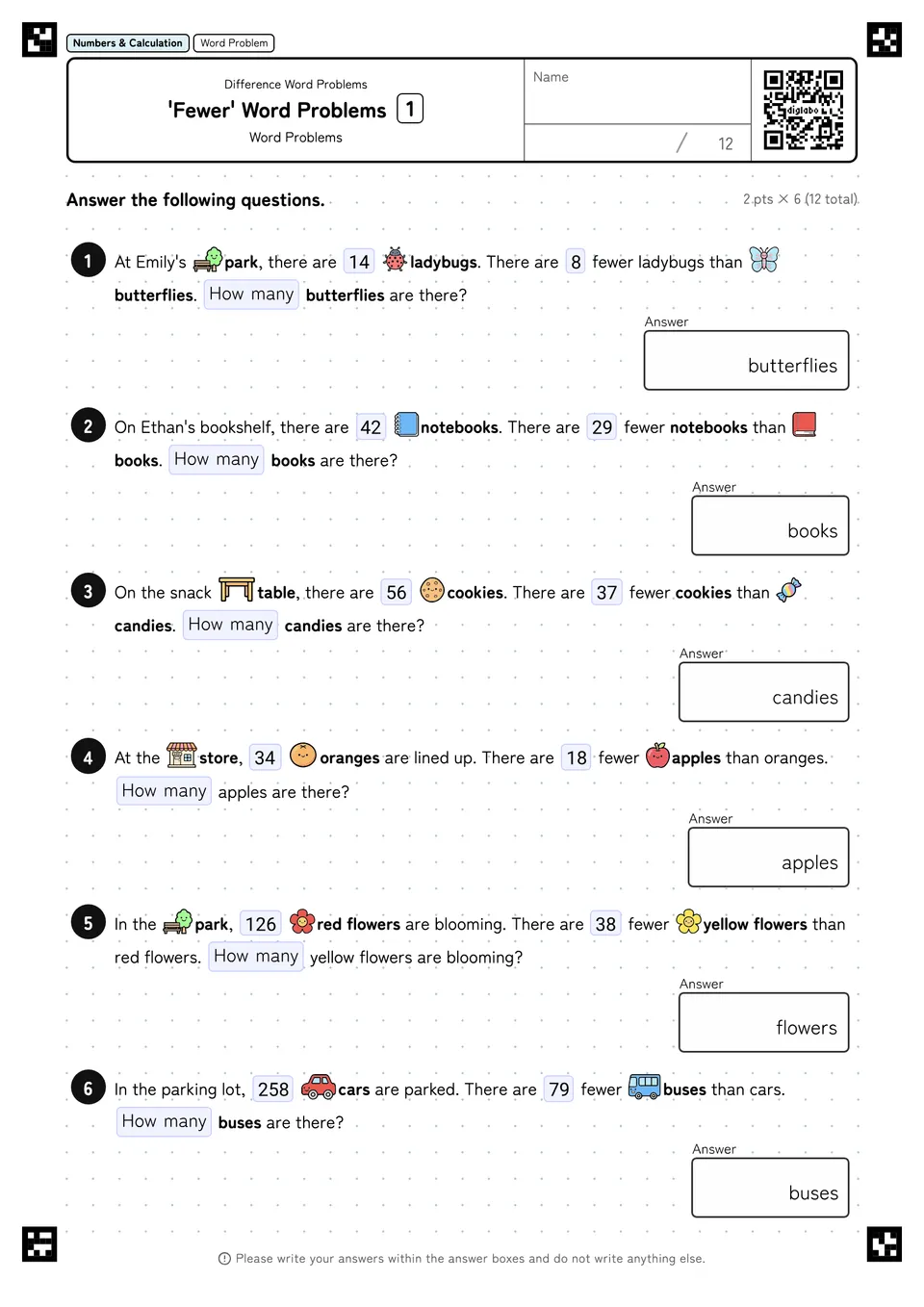 'Fewer' Word Problems 1