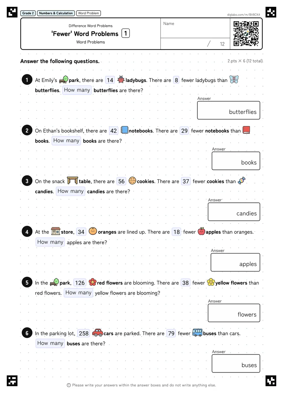 Grade 2 (Elementary School) Difference Word Problems 'Fewer' Word Problems