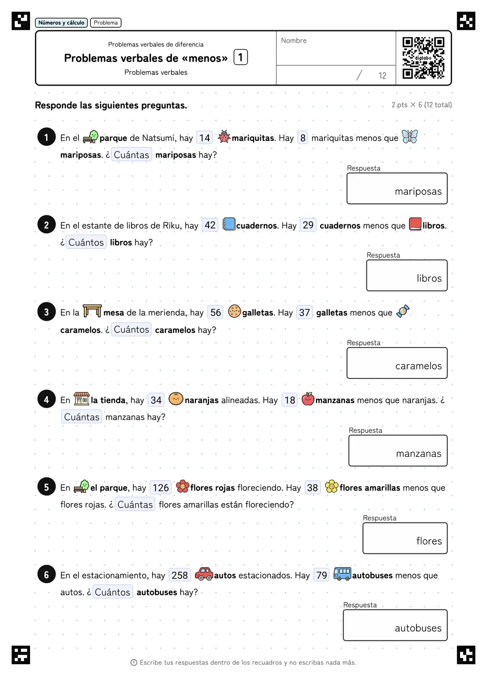 Problemas verbales de «menos» 1