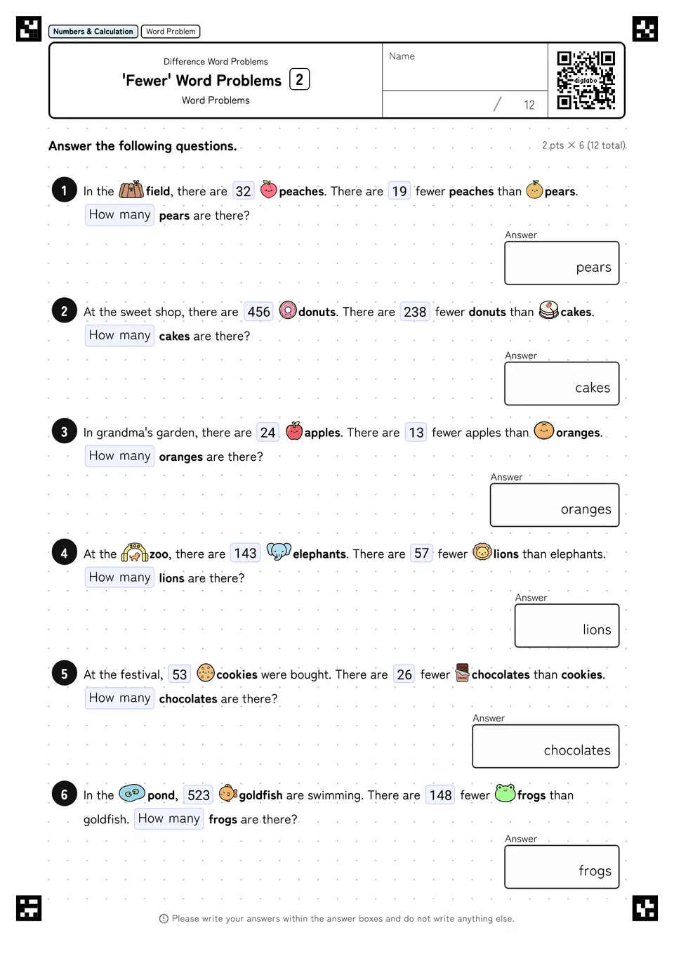 'Fewer' Word Problems 2