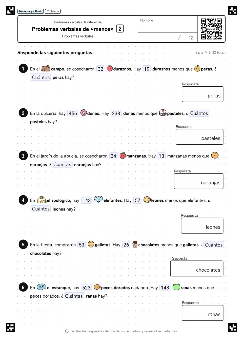 Problemas verbales de «menos» 2