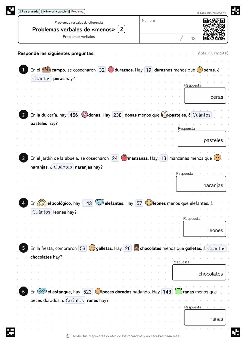 2.º de primaria Problemas verbales de diferencia Problemas verbales de «menos»