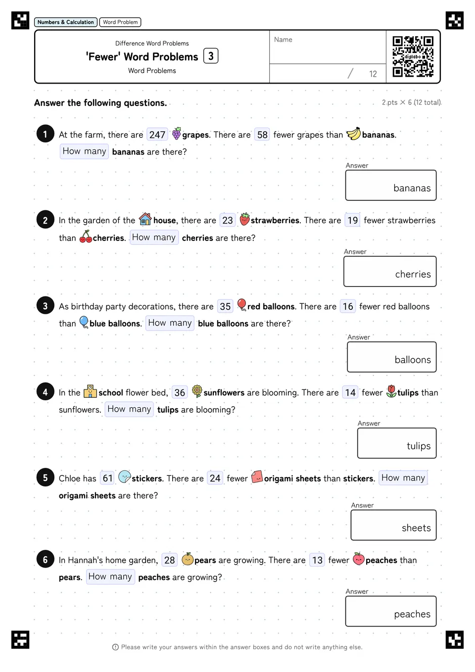 'Fewer' Word Problems 3