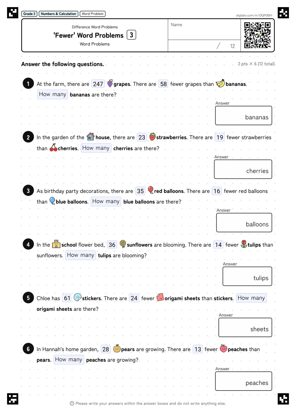 Grade 2 (Elementary School) Difference Word Problems 'Fewer' Word Problems