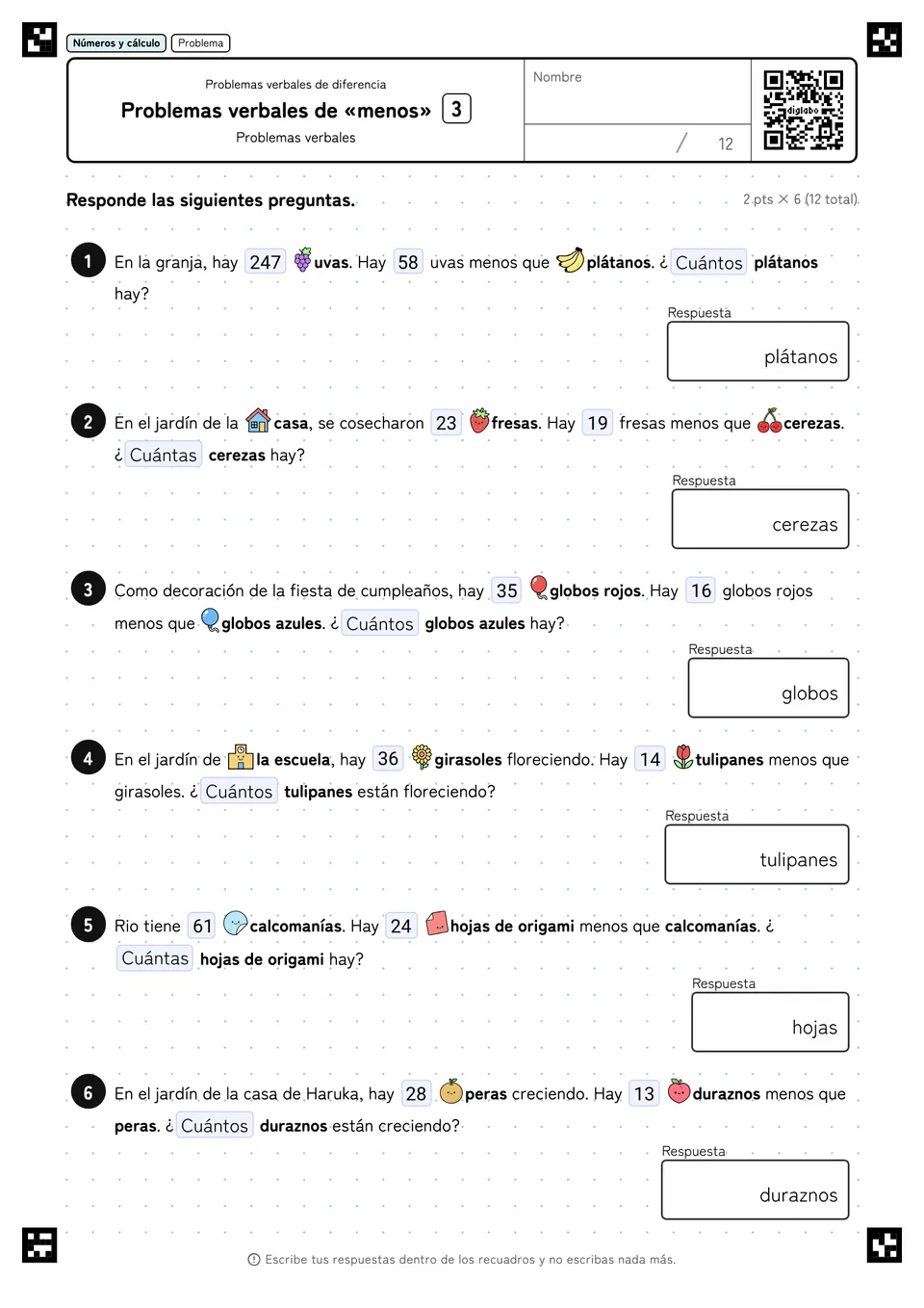 Problemas verbales de «menos» 3