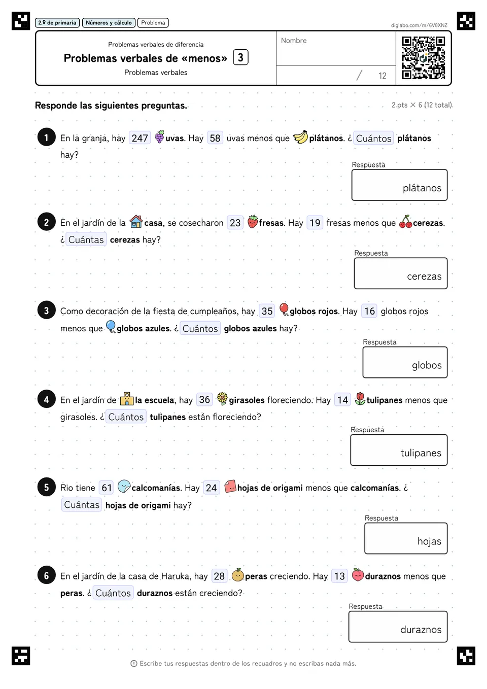 2.º de primaria Problemas verbales de diferencia Problemas verbales de «menos»