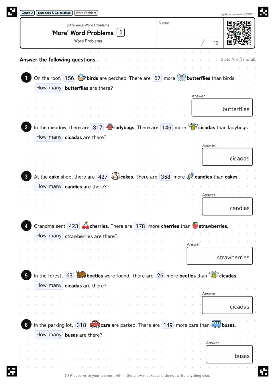 Grade 2 (Elementary School) Difference Word Problems 'More' Word Problems