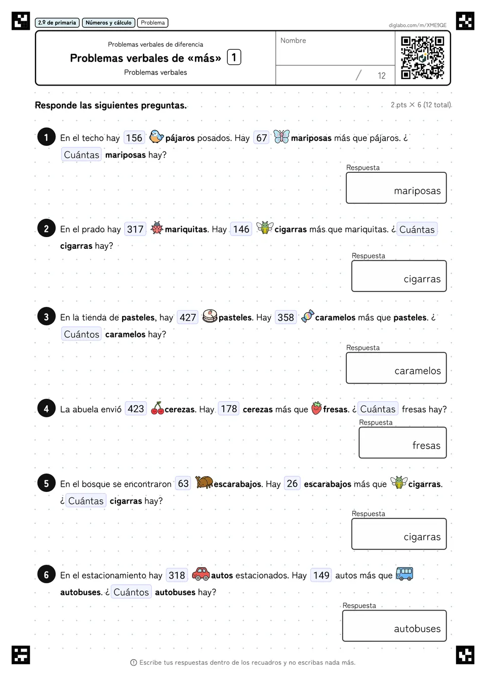 2.º de primaria Problemas verbales de diferencia Problemas verbales de «más»