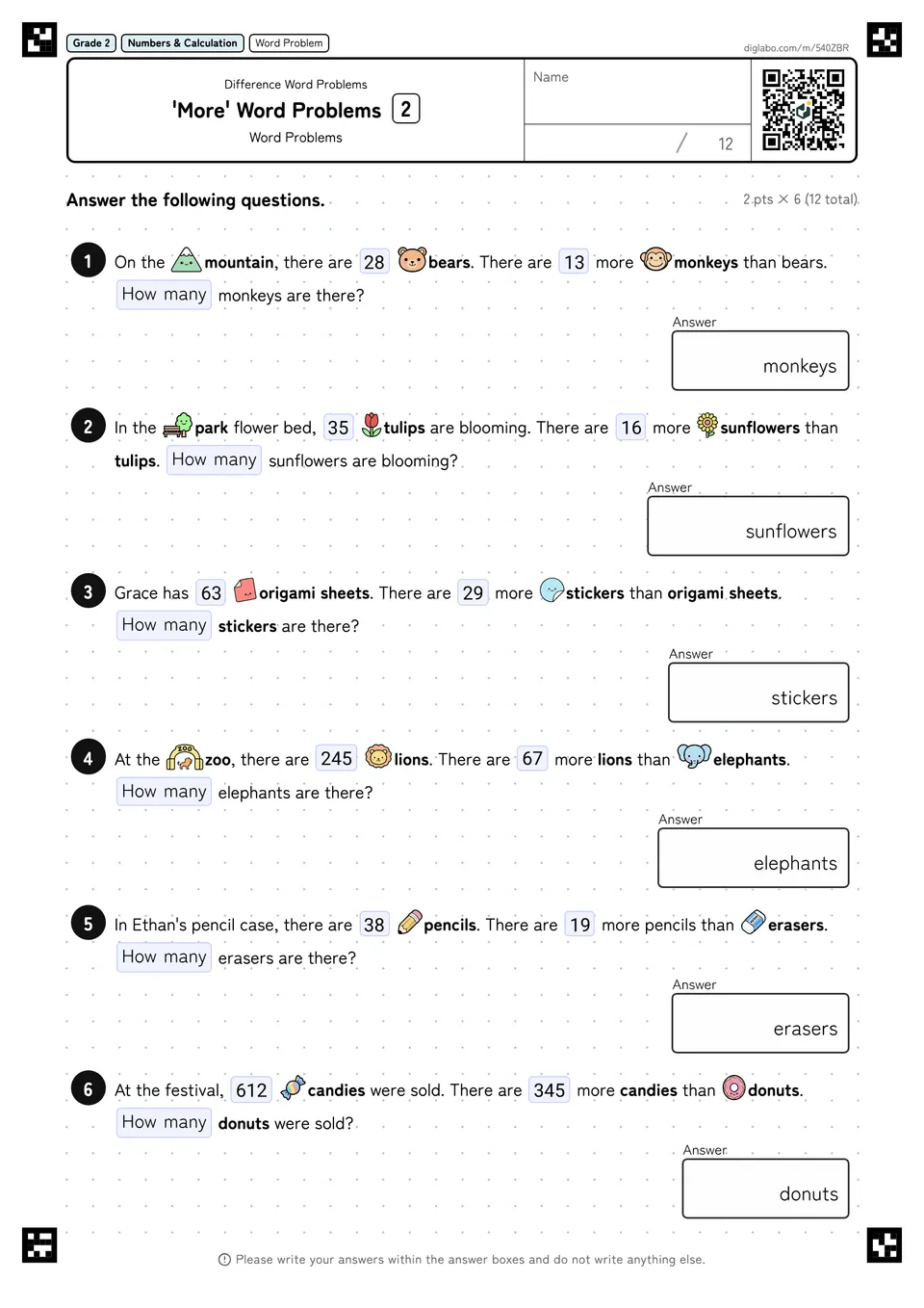 Grade 2 (Elementary School) Difference Word Problems 'More' Word Problems