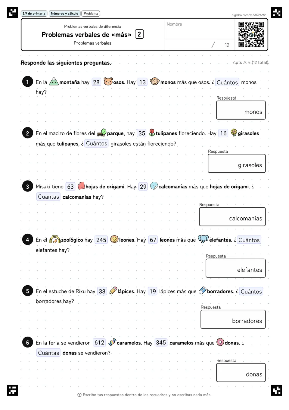 2.º de primaria Problemas verbales de diferencia Problemas verbales de «más»