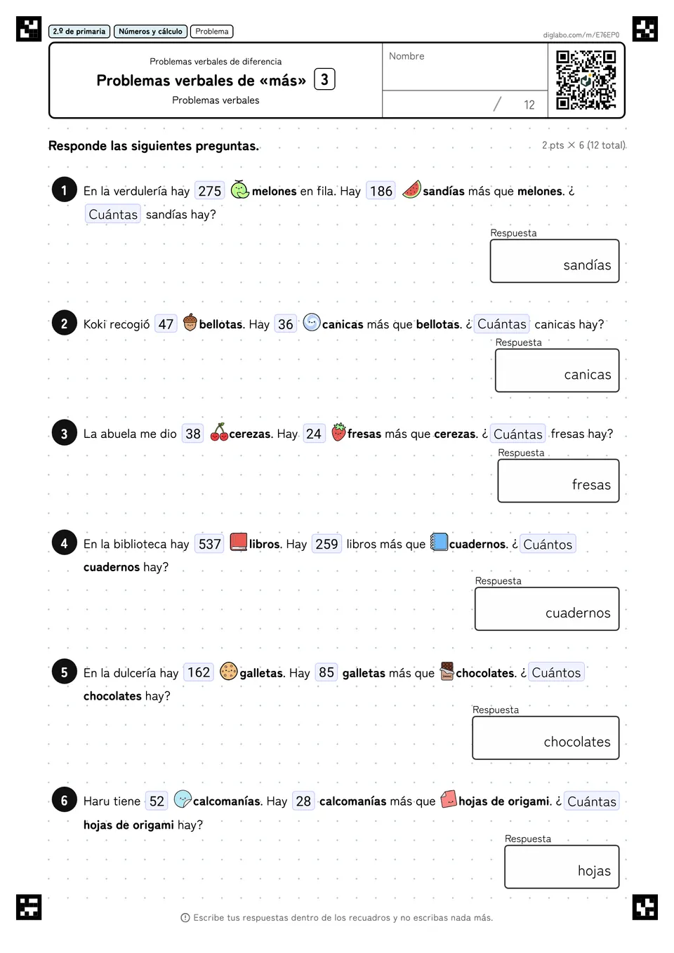 2.º de primaria Problemas verbales de diferencia Problemas verbales de «más»