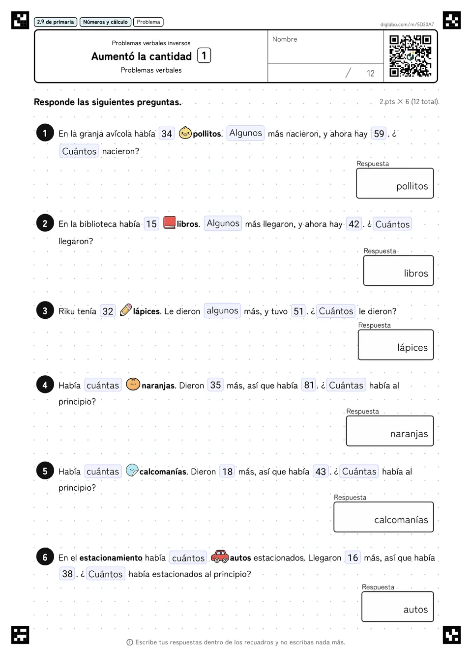 2.º de primaria Problemas verbales inversos Aumentó la cantidad