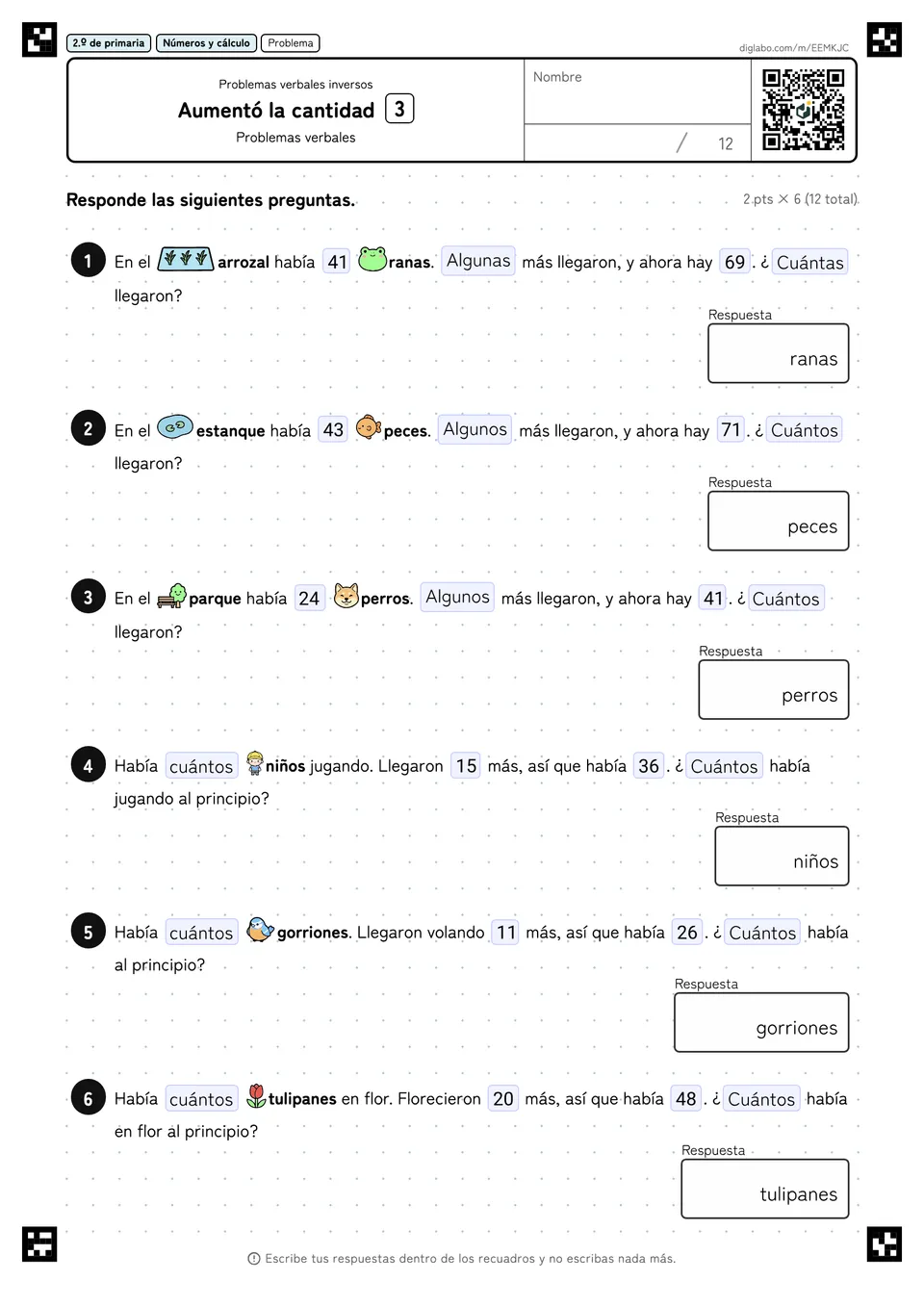 2.º de primaria Problemas verbales inversos Aumentó la cantidad