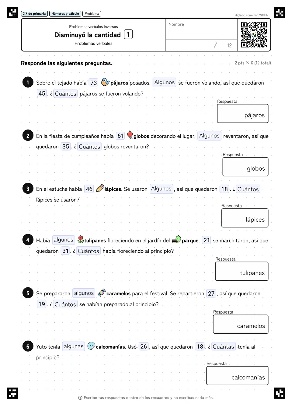 2.º de primaria Problemas verbales inversos Disminuyó la cantidad