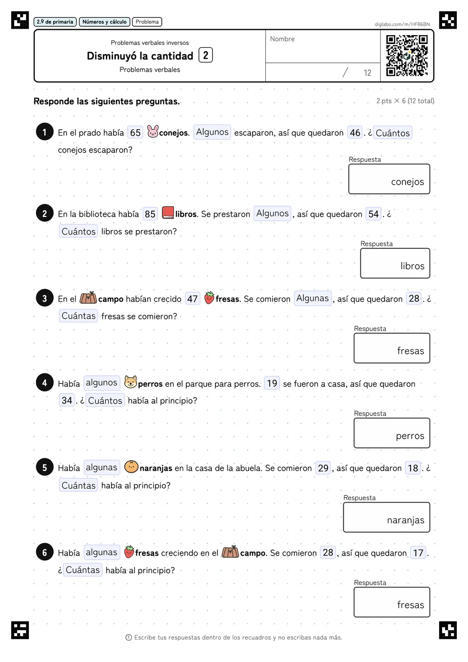 2.º de primaria Problemas verbales inversos Disminuyó la cantidad