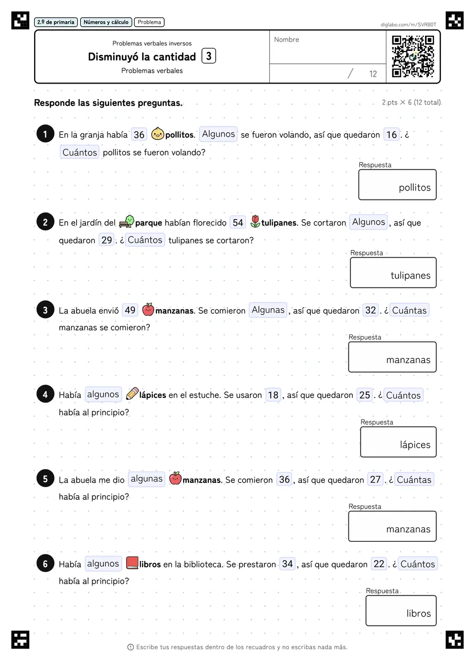 2.º de primaria Problemas verbales inversos Disminuyó la cantidad