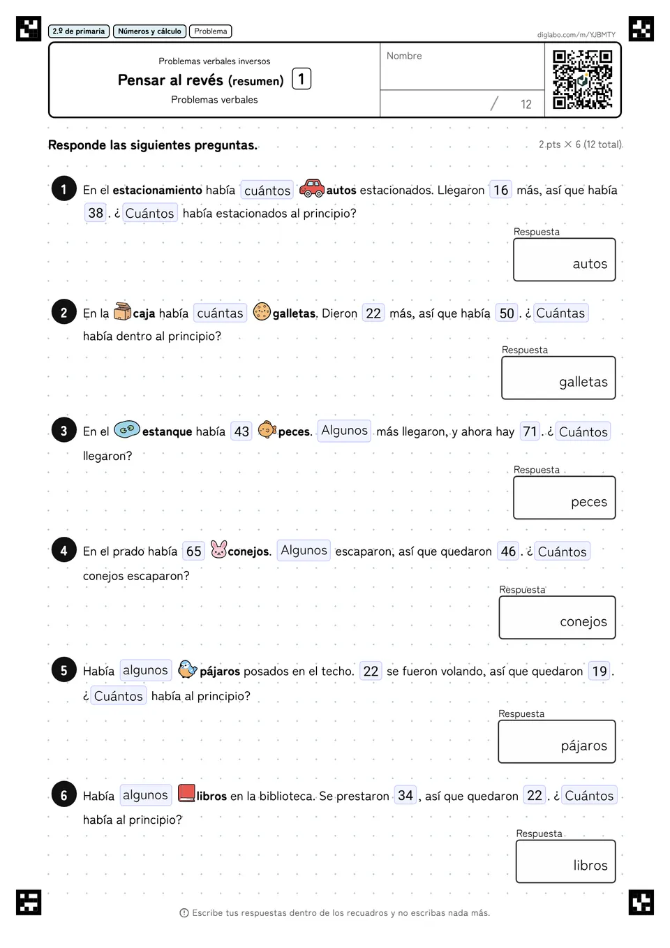 2.º de primaria Problemas verbales inversos Pensar al revés (resumen)