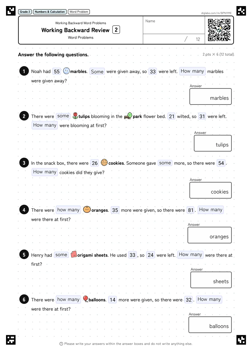 Grade 2 (Elementary School) Working Backward Word Problems Working Backward Review