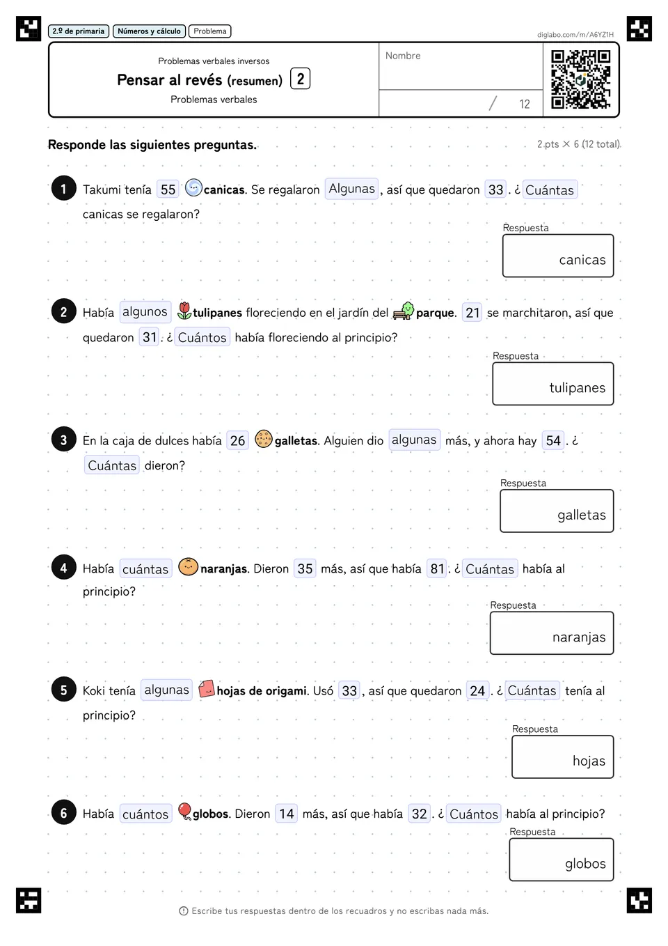 2.º de primaria Problemas verbales inversos Pensar al revés (resumen)