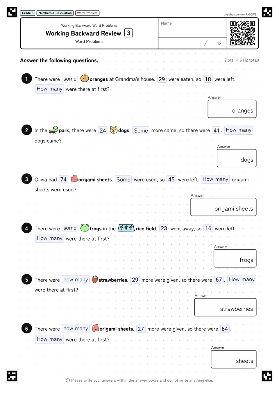 Grade 2 (Elementary School) Working Backward Word Problems Working Backward Review