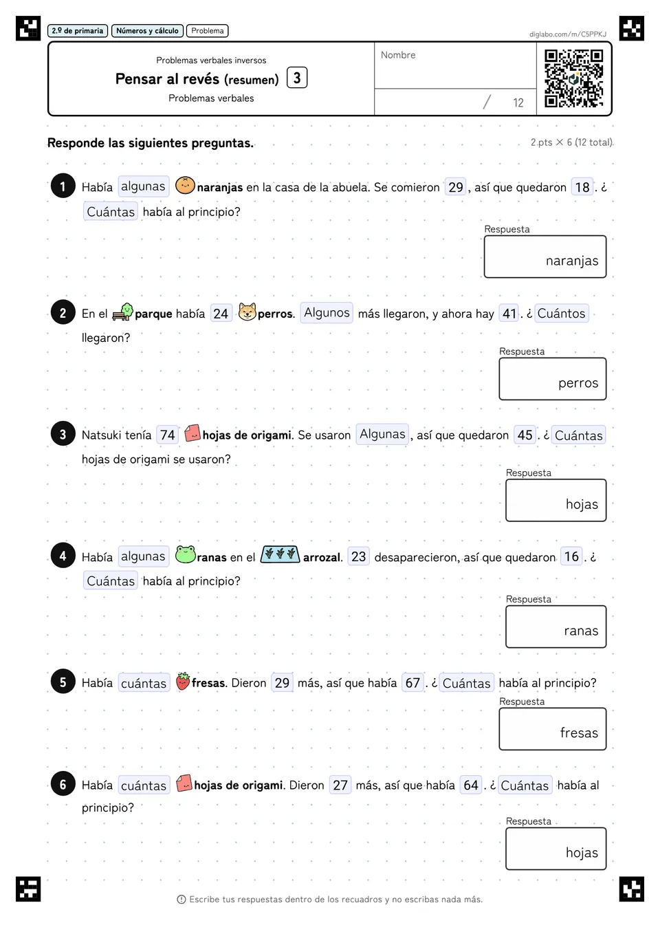 2.º de primaria Problemas verbales inversos Pensar al revés (resumen)