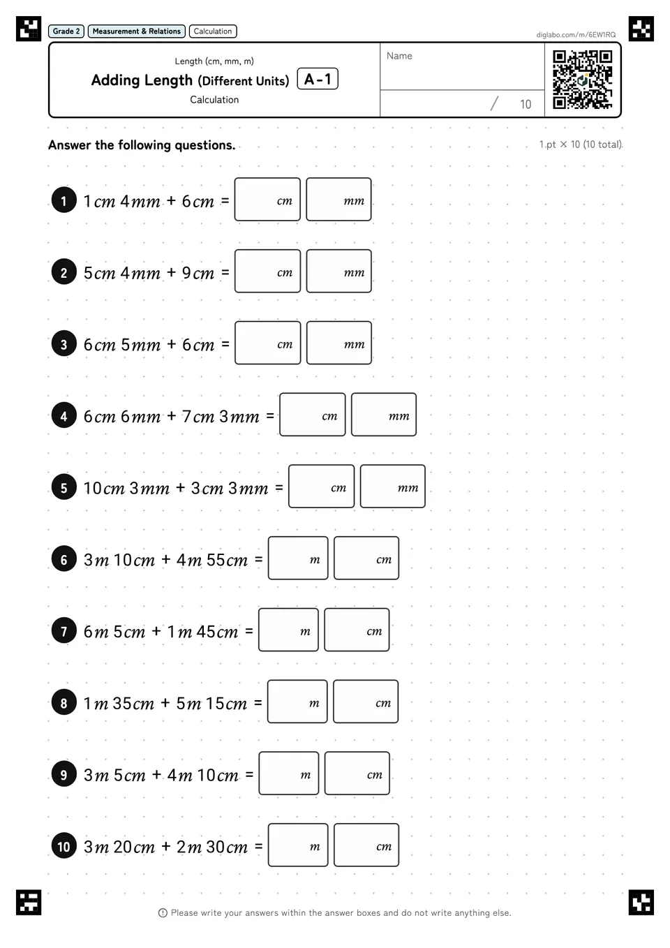 Grade 2 (Elementary School) Length (cm, mm, m) Adding Length (Different Units)